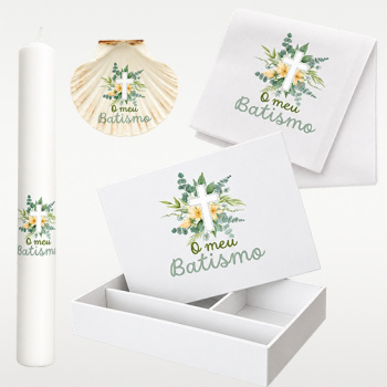 Kit para batismo com caixa, vela, concha e toalha
