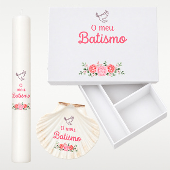 Kit para batismo com caixa, vela e concha