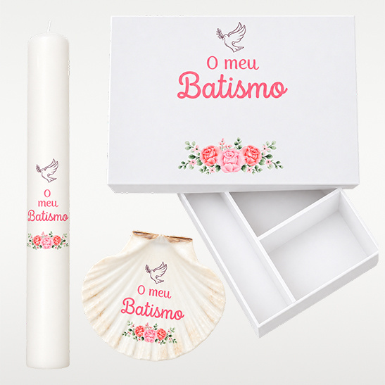 Kit para batismo com caixa, vela e concha
