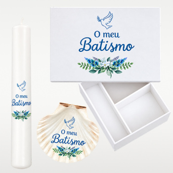 Kit para batismo com caixa, vela e concha